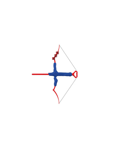 Blue and red toy bow and arrow with gray string and red feathered arrow on white background