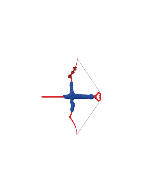Blue and red toy bow and arrow with gray string and red feathered arrow on white background