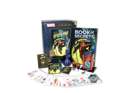 Marvel Spider-Man Magic Comic Book Set contents displayed including instruction books, magic wand, trick cards, dice, and instructional materials featuring Spid