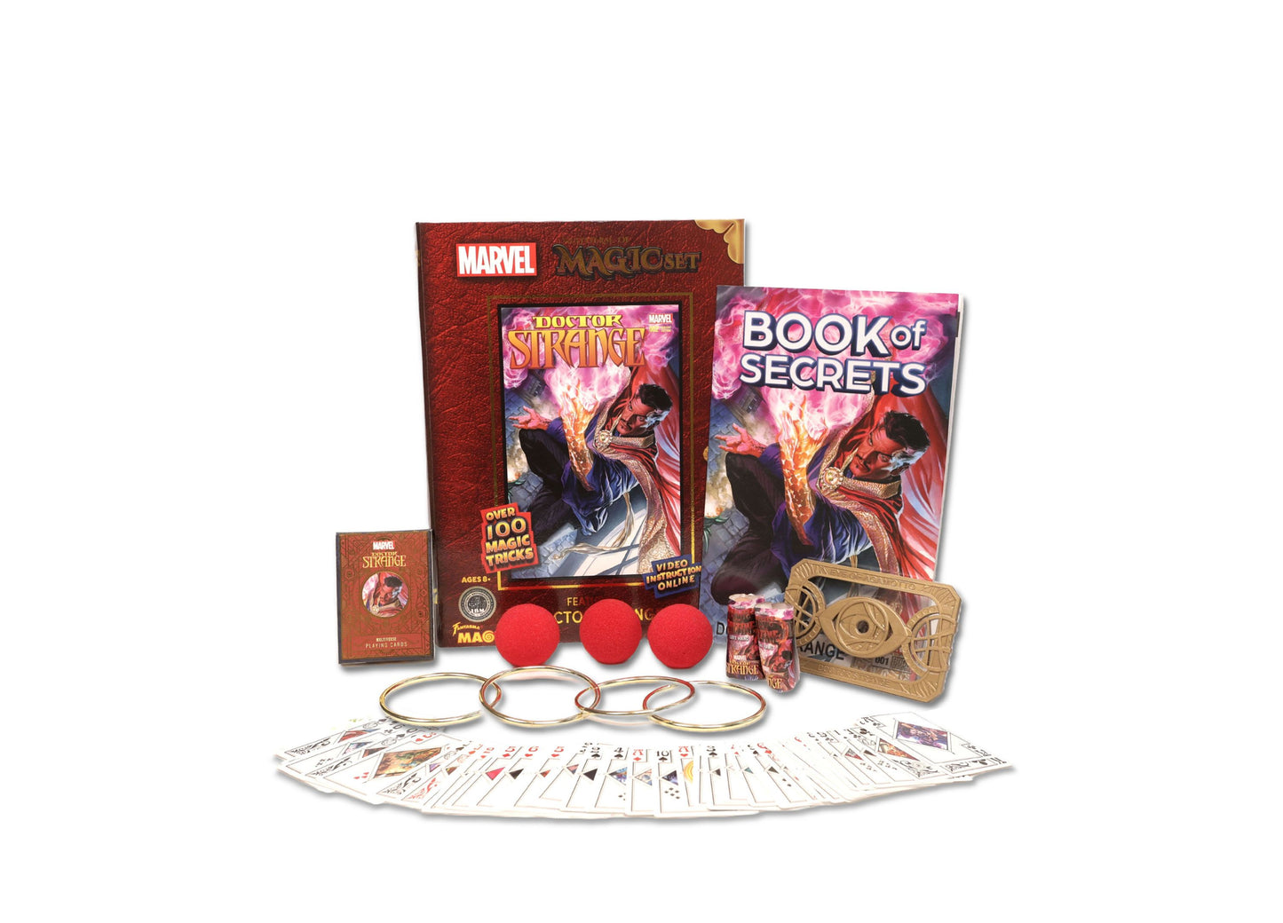 Marvel Dr. Strange Magic Comic Book Set with over 100 magic tricks, including instruction cards, red balls, metal rings, and Book of Secrets
