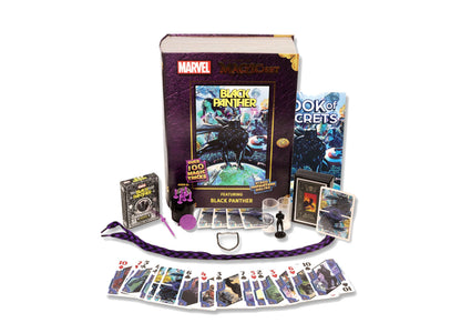 Fantasma Marvel Magic Comic Book Set Black Panther with over 100 magic tricks, including instruction booklet, magic cards, purple rope, figurine, and accessorie