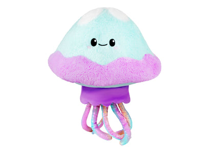 Soft plush jellyfish toy with light blue puffy dome head, pink fuzzy middle section, purple body, and multicolored patterned tentacles