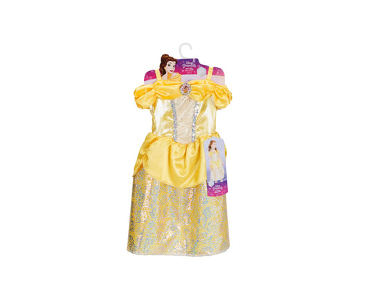 Enchanted Disney Princess Belle Core Dress with yellow satin puffed sleeves, gold sequin skirt, and silver beaded center panel, displayed on hanger with packagi