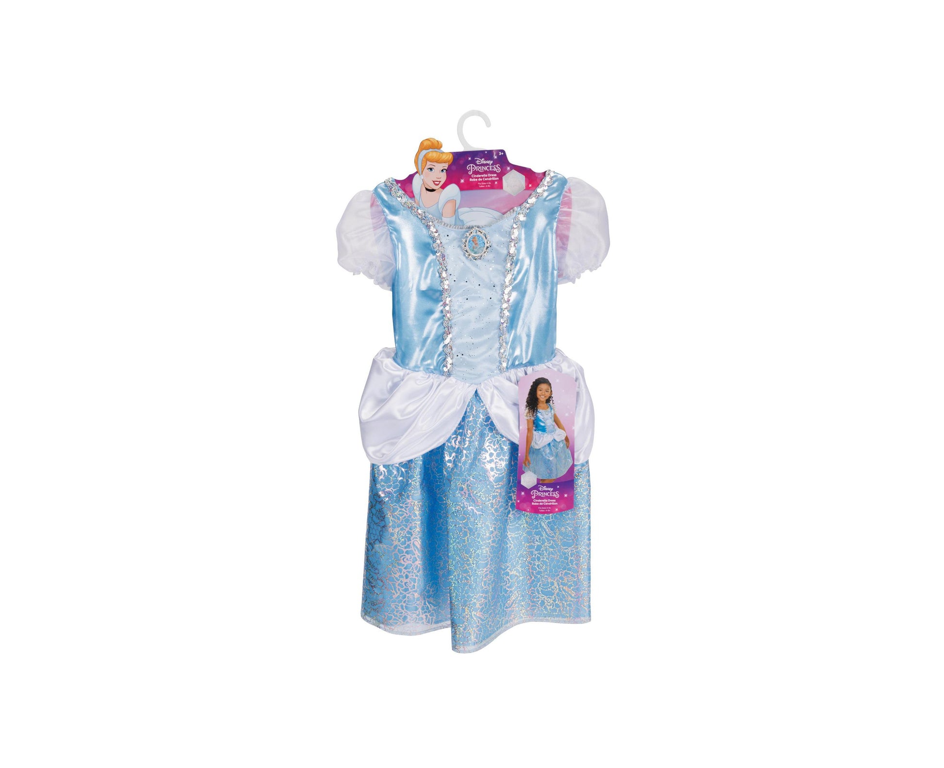 Disney Princess Cinderella Core Dress in light blue satin with white puffed sleeves, white layered skirt, and jeweled bodice detail, shown on hanger with packag