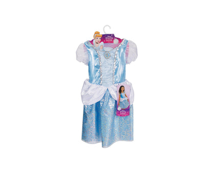 Disney Princess Cinderella Core Dress in light blue satin with white puffed sleeves, white layered skirt, and jeweled bodice detail, shown on hanger with packag