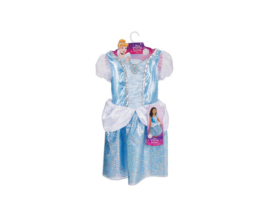 Disney Princess Cinderella Core Dress in light blue satin with white puffed sleeves, white layered skirt, and jeweled bodice detail, shown on hanger with packag