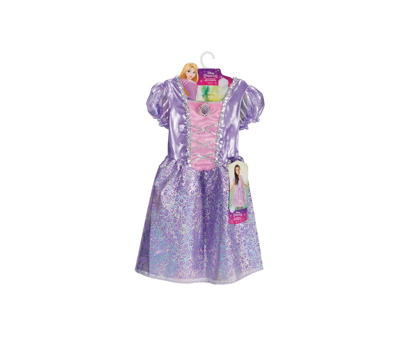 Disney Princess Rapunzel Core Dress in purple and pink with puff sleeves, lace-up bodice, and ornate skirt, displayed on hanger with packaging