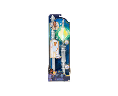Disney Wish Magnifico's Mystical Staff toy with light and sound effects, silver wand with glowing diamond-shaped top, includes character figures on packaging