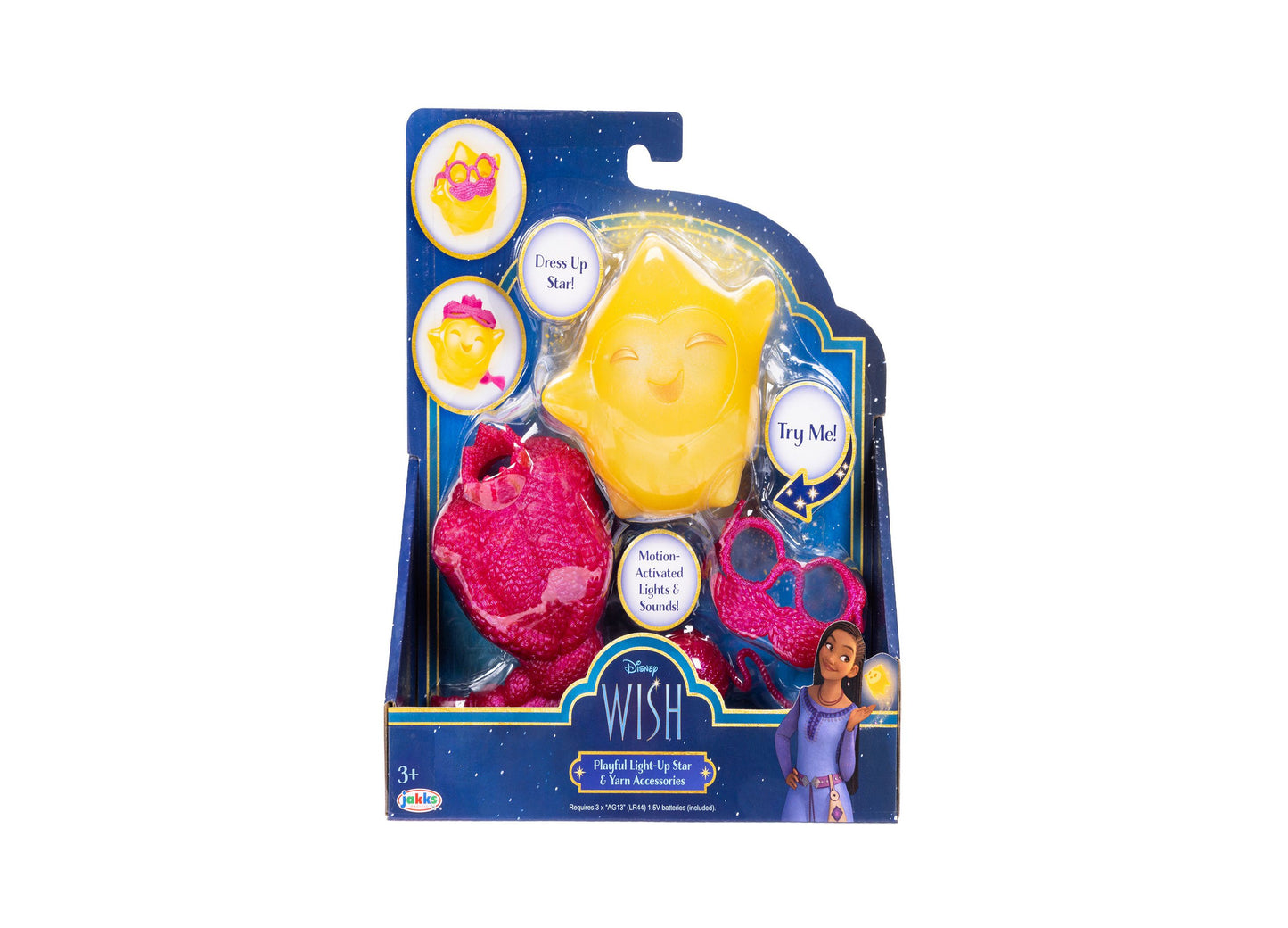 Disney Wish Playful Light-Up Star & Yarn Accessories set in packaging, yellow star with pink textured yarn ball and dress-up pieces, motion-activated lights and
