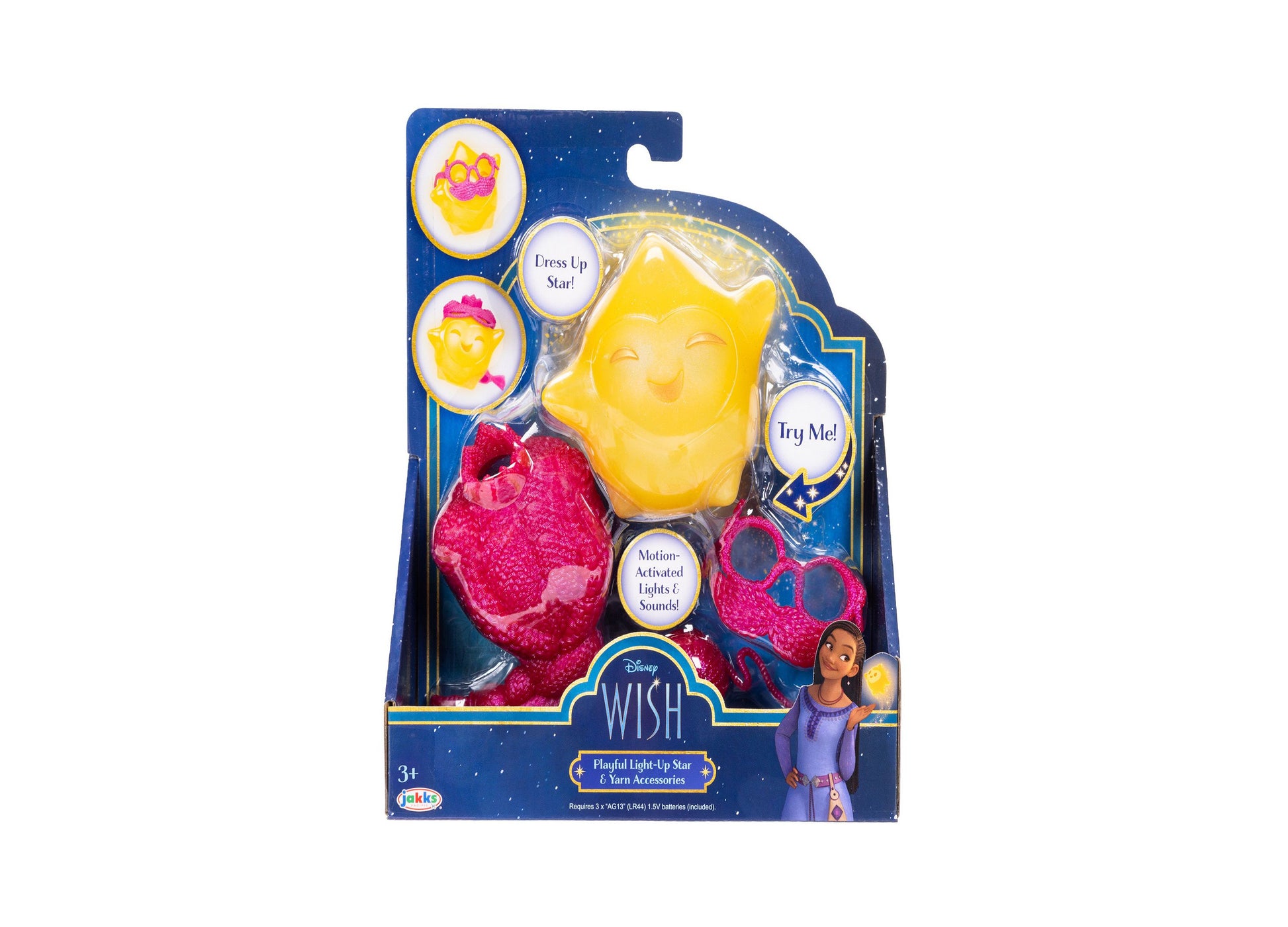 Disney Wish Playful Light-Up Star & Yarn Accessories set in packaging, yellow star with pink textured yarn ball and dress-up pieces, motion-activated lights and