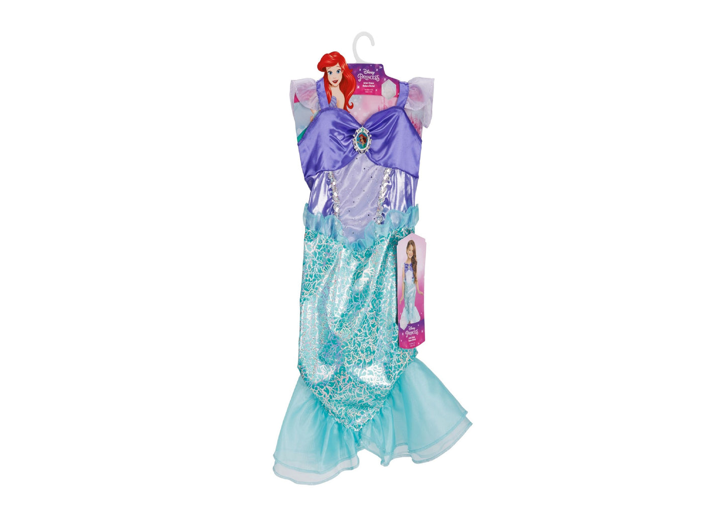 Disney Princess Ariel Core Dress in purple and turquoise with sequined mermaid tail skirt, displayed on hanger with product packaging