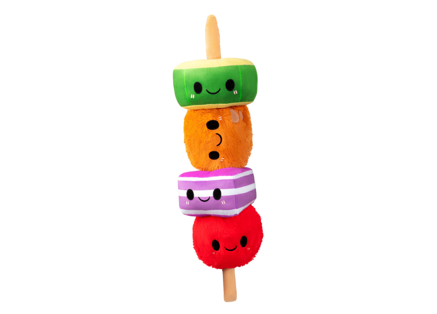Stacked plush kabob with smiling green popsicle top, orange fuzzy middle, pink striped section, and red fuzzy bottom on wooden stick