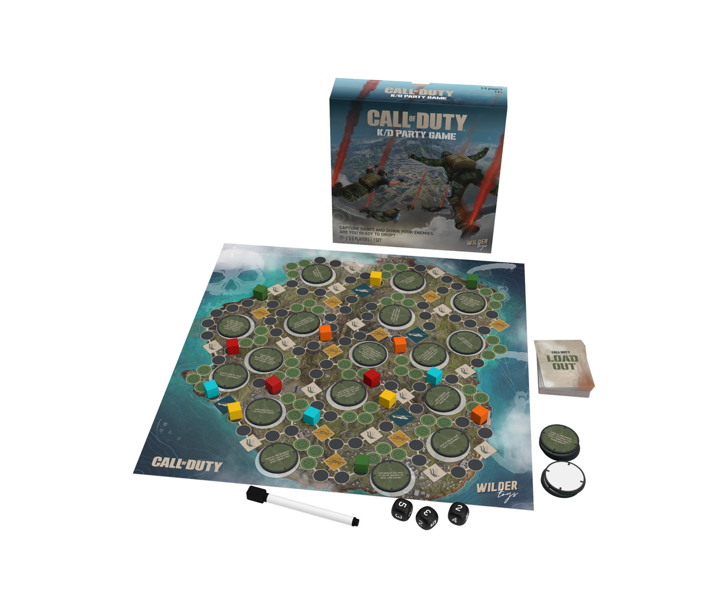Call of Duty K/D Party Game board game set with game board, colored player tokens, dice, instruction card, and marker pen displayed on white background