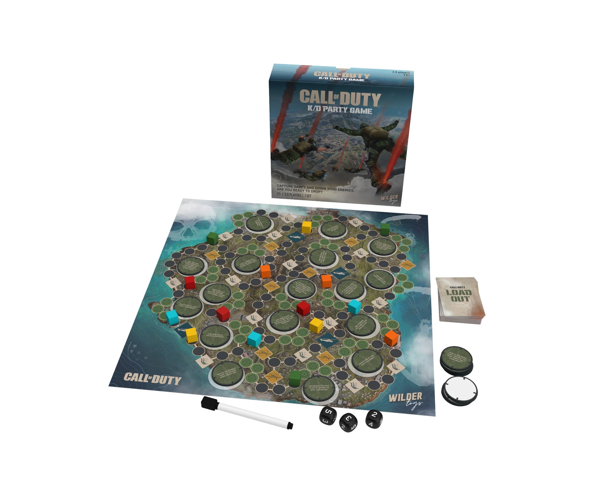Call of Duty K/D Party Game board game set with game board, colored player tokens, dice, instruction card, and marker pen displayed on white background