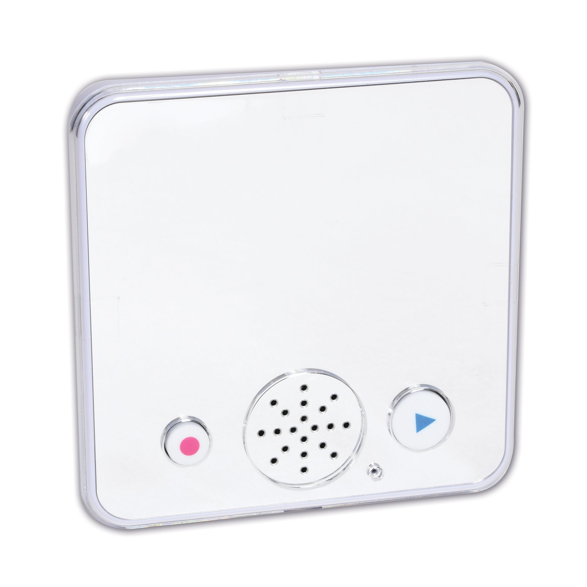 White square device with rounded corners, pink power button on left, speaker with black dots in center, blue play button on right