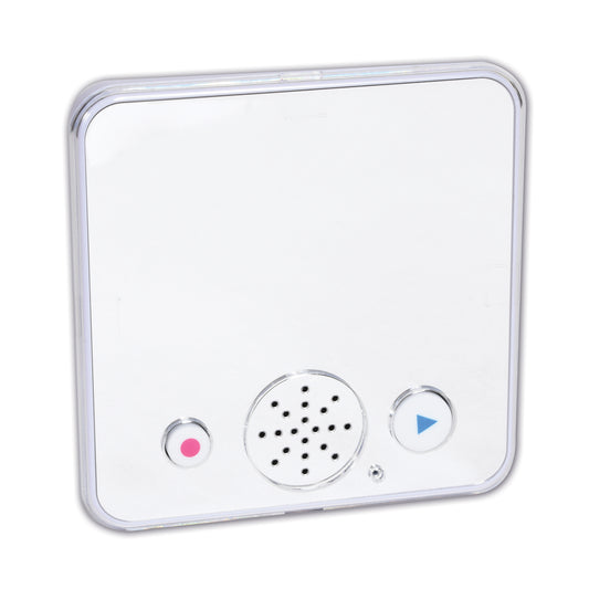 White square device with rounded corners, pink power button on left, speaker with black dots in center, blue play button on right
