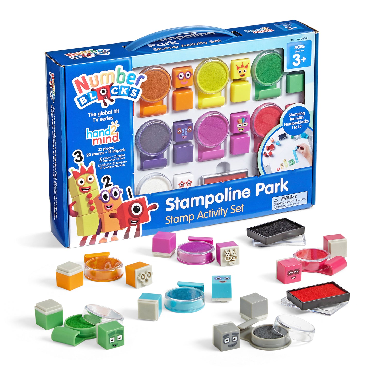 Numberblocks Stampoline Park Stamp Activity Set with colorful character-themed stamps, ink pads in orange, yellow, green, purple, pink, and blue, and stamp bloc