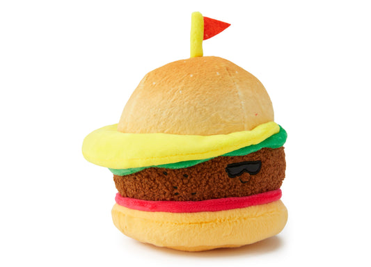 Ultra-soft plush hamburger with tan bun, brown patty, green and yellow lettuce layers, pink cheese, and yellow flagpole with red flag on top