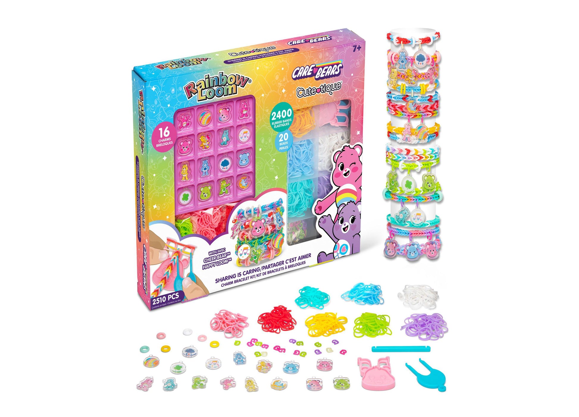 Rainbow Loom Care Bears Cutetique bracelet-making kit with colorful rubber bands, charm discs, and accessories displayed on white background