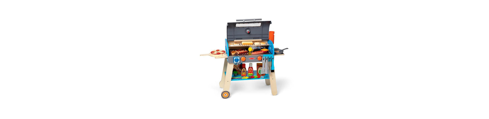 Melissa & Doug Deluxe Wooden BBQ Grill and Pizza Oven Playset with charcoal grill top, blue middle section with condiments and accessories, wooden base and whee