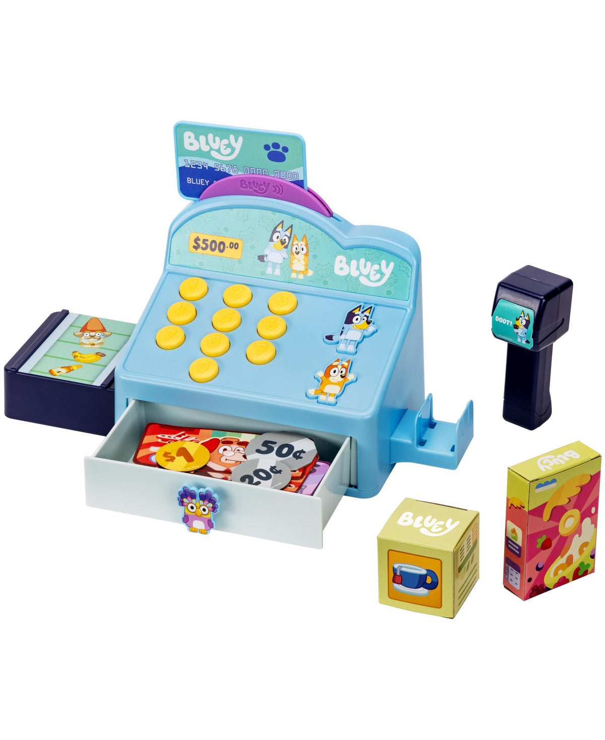 Bluey S11 Interactive Role Play Cash Register in light blue with yellow coins, scanner, credit card, and accessories