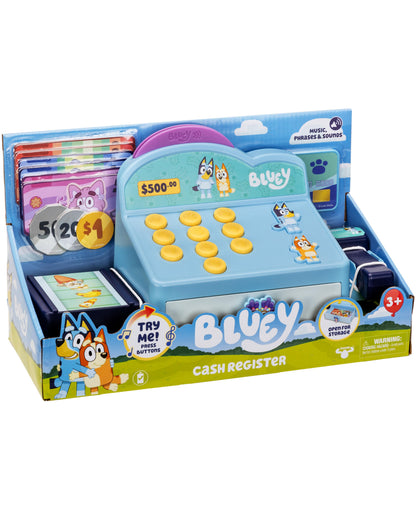Bluey S11 Interactive Role Play Cash Register with blue register, yellow coins, character figures, and accessories