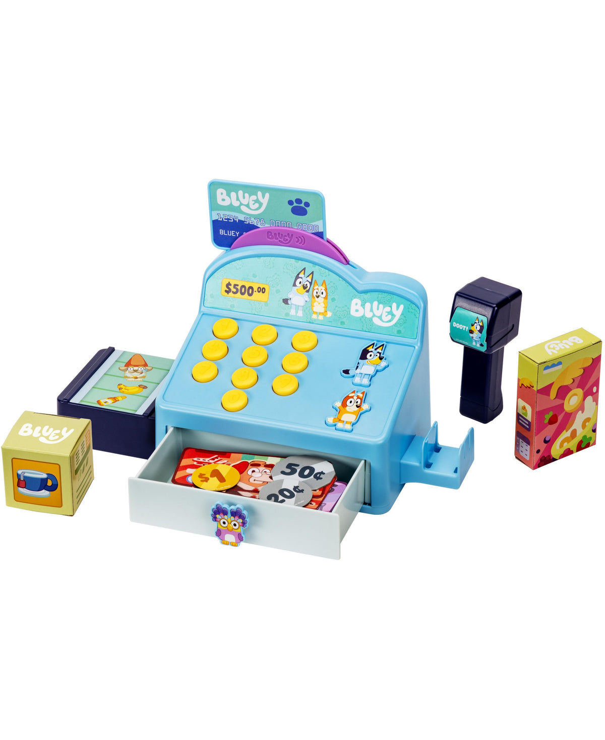 Bluey S11 Interactive Role Play Cash Register in light blue with yellow coins, includes scanner, credit card, and acc...