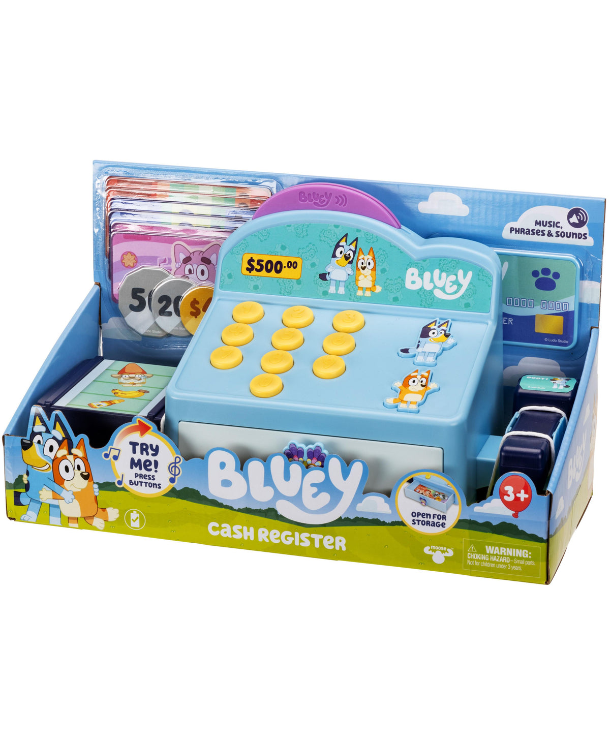 Bluey S11 Interactive Role Play Cash Register in light blue with yellow coin buttons, featuring Bluey and Bingo chara...