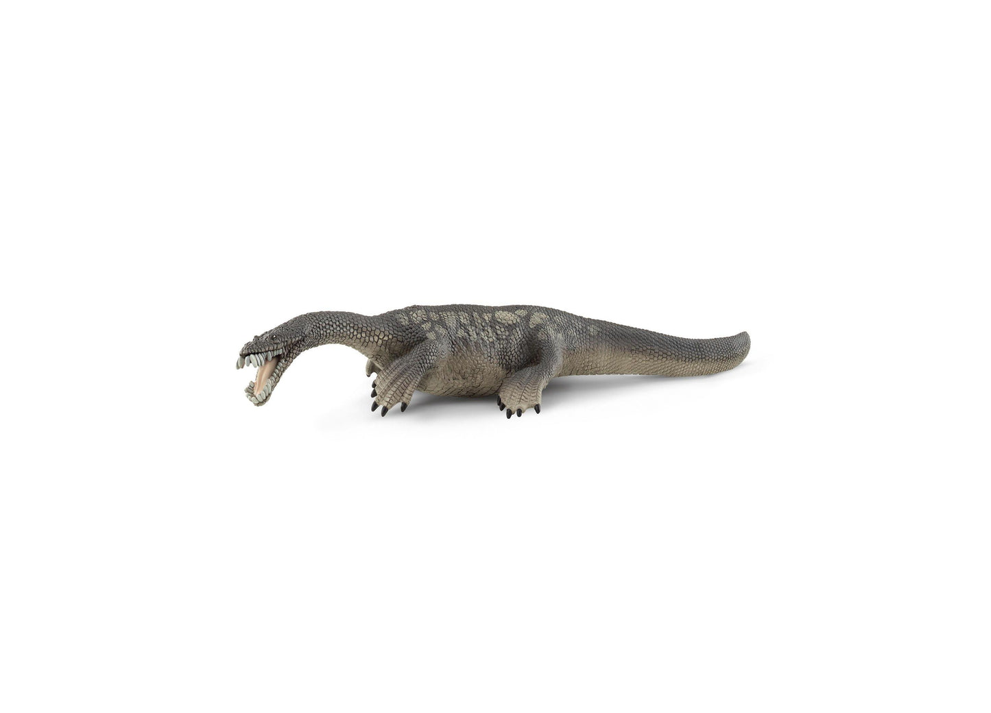 Gray textured Nothosaurus dinosaur action figure with open mouth and claws on plain background