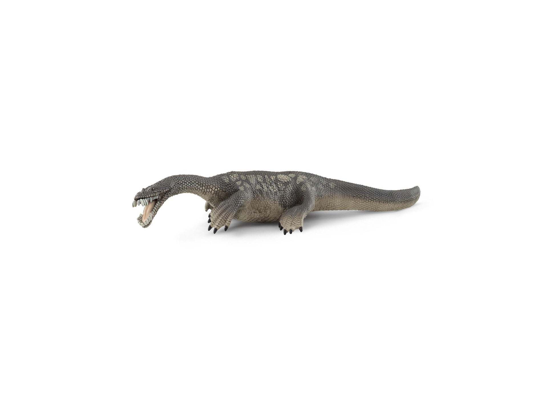 Gray textured Nothosaurus dinosaur action figure with open mouth and claws on plain background