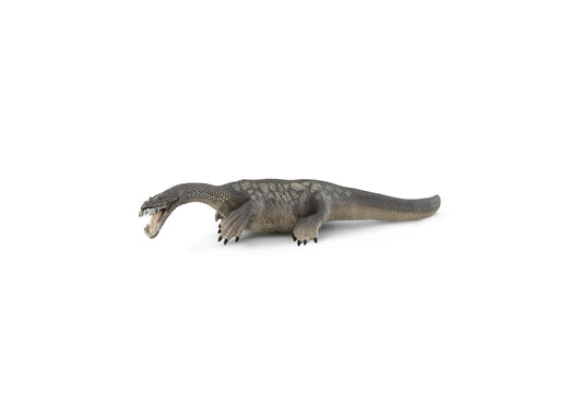 Gray textured Nothosaurus dinosaur action figure with open mouth and claws on plain background