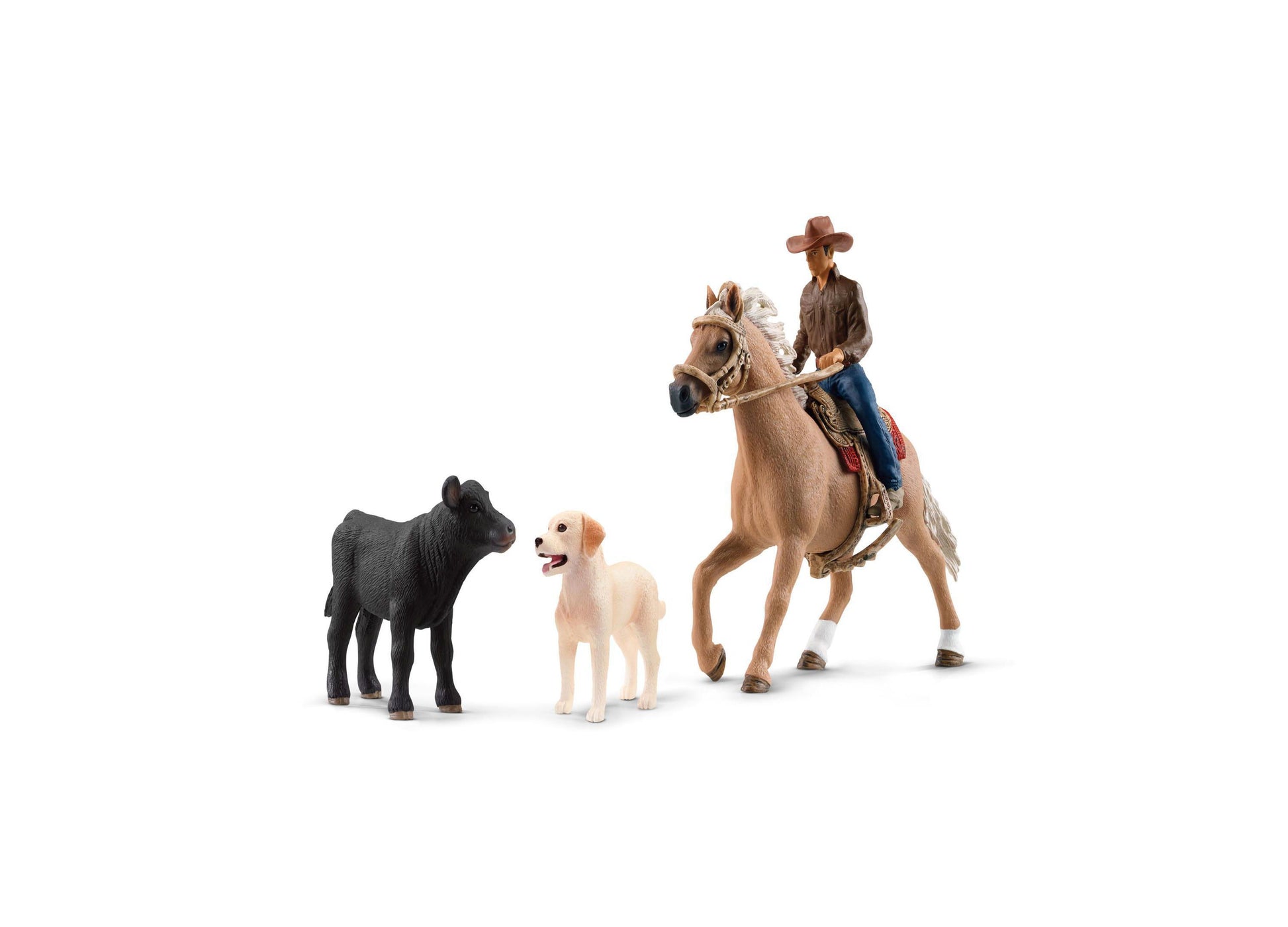 Schleich Farm World Western Riding Adventures Playset with cowboy figure on tan horse with white mane, black cow, and cream-colored dog