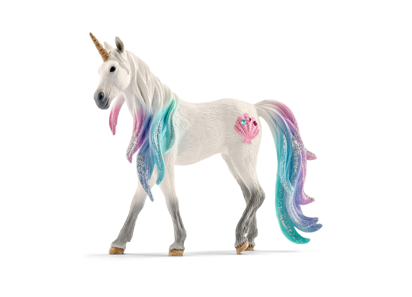 White unicorn figurine with gold spiral horn, colorful mane and tail in pink, blue, and teal with glitter accents, and pink shell design on side