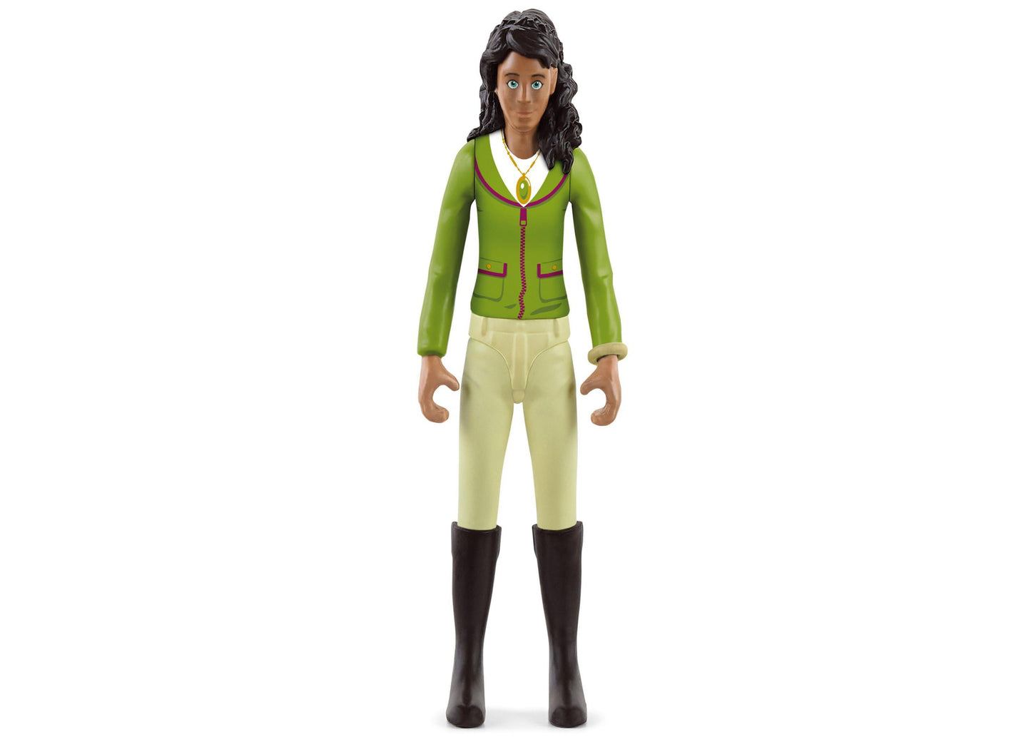 Action figure of a female character with long black hair, wearing a green jacket with burgundy trim, cream-colored pants, black boots, and a gold pendant neckla