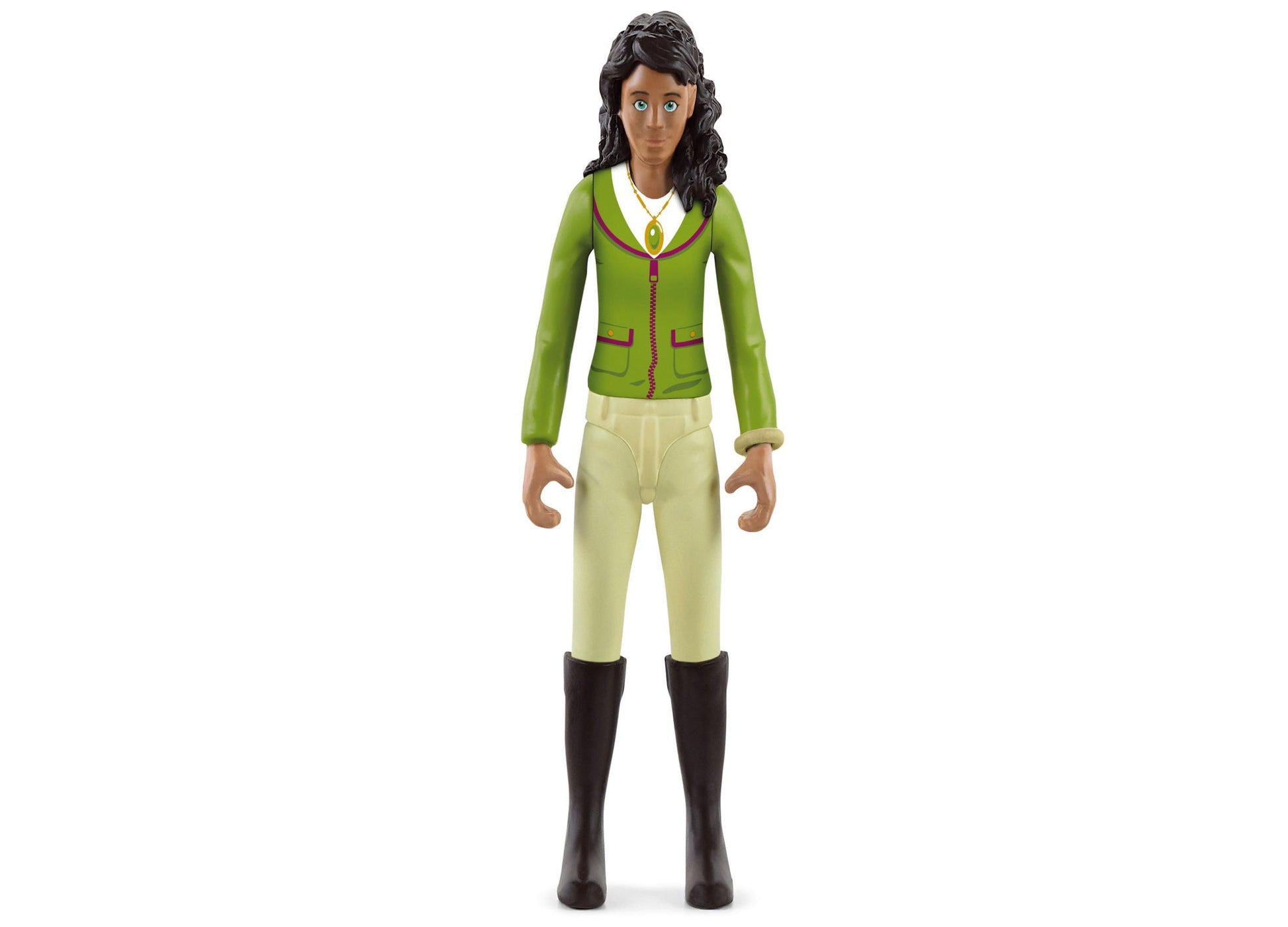 Action figure of a female character with long black hair, wearing a green jacket with burgundy trim, cream-colored pants, black boots, and a gold pendant neckla