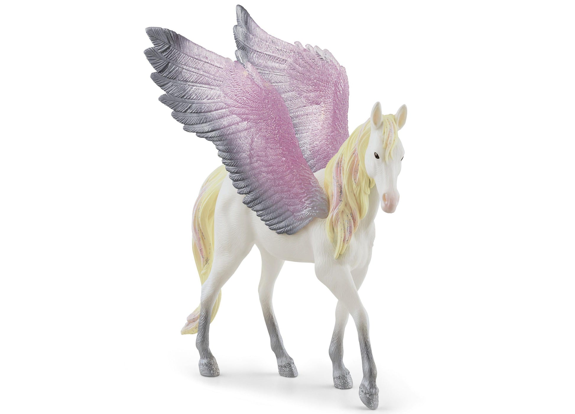 White pegasus figurine with pale yellow mane and tail, pink and gray wings, and silver hooves on plain background