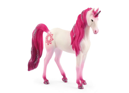 White unicorn figurine with hot pink mane and tail featuring glitter accents, pink hooves, and geometric marking on side