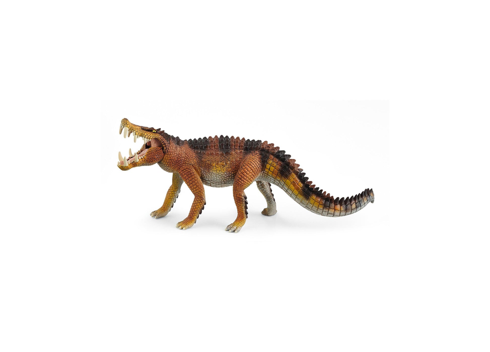Schleich Kaprosuchus dinosaur action figure with brown and gold textured scales, open mouth with visible teeth, spined back, and long tail on plain background