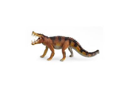 Schleich Kaprosuchus dinosaur action figure with brown and gold textured scales, open mouth with visible teeth, spined back, and long tail on plain background