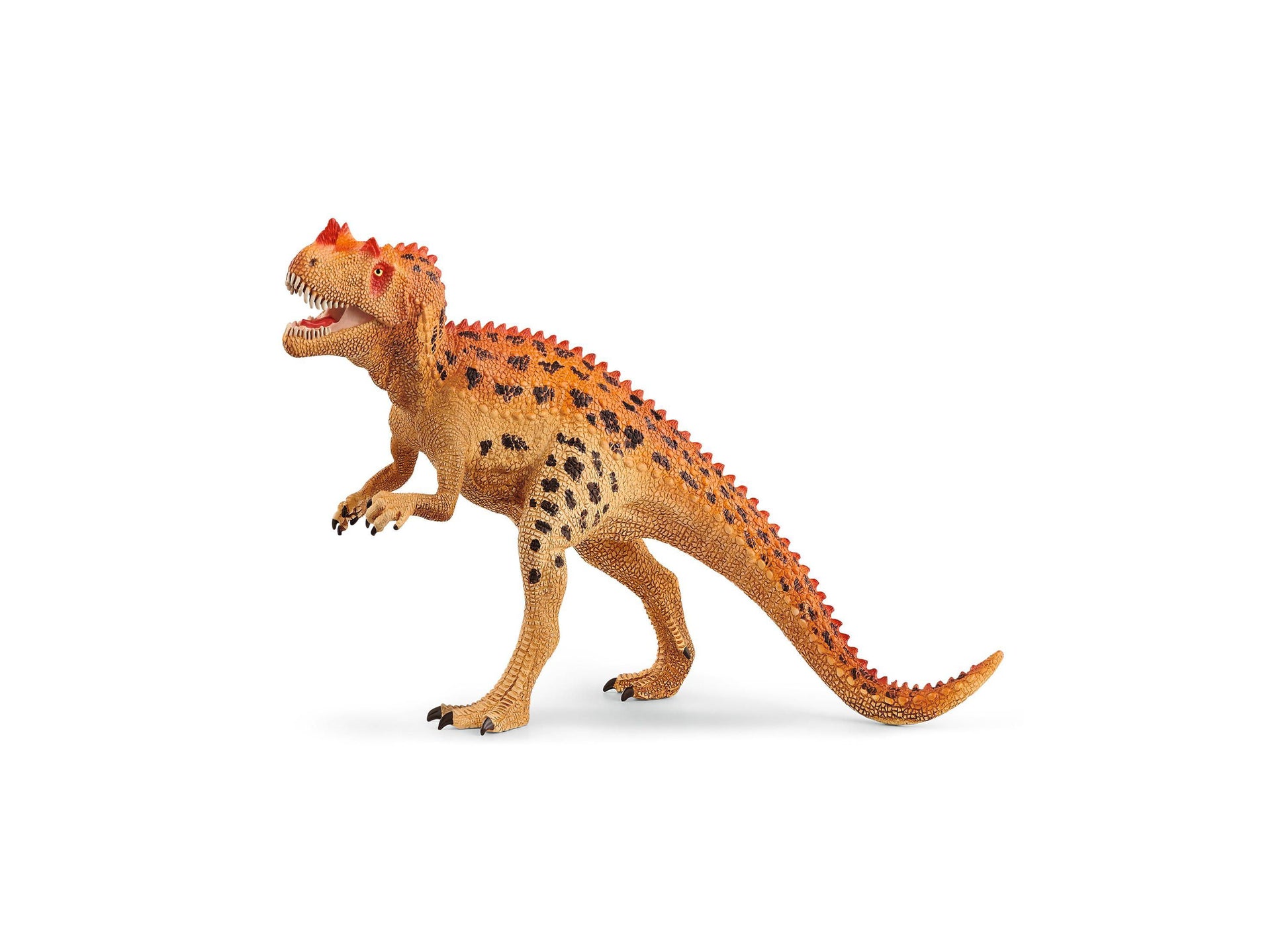 Brown and orange Ceratosaurus dinosaur action figure with red spikes, black spots, and detailed claws on plain white background