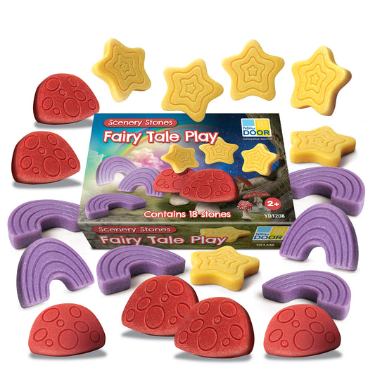 Scenery Stones Fairy Tale Play set with 18 textured stones in red mushroom shapes, purple rainbow arches, and yellow stars arranged around product box