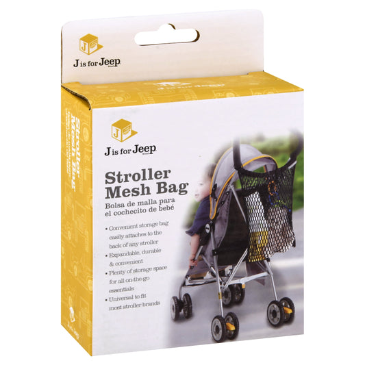 J is for Jeep Stroller Mesh Bag package showing black mesh storage bag attached to stroller with yellow accents