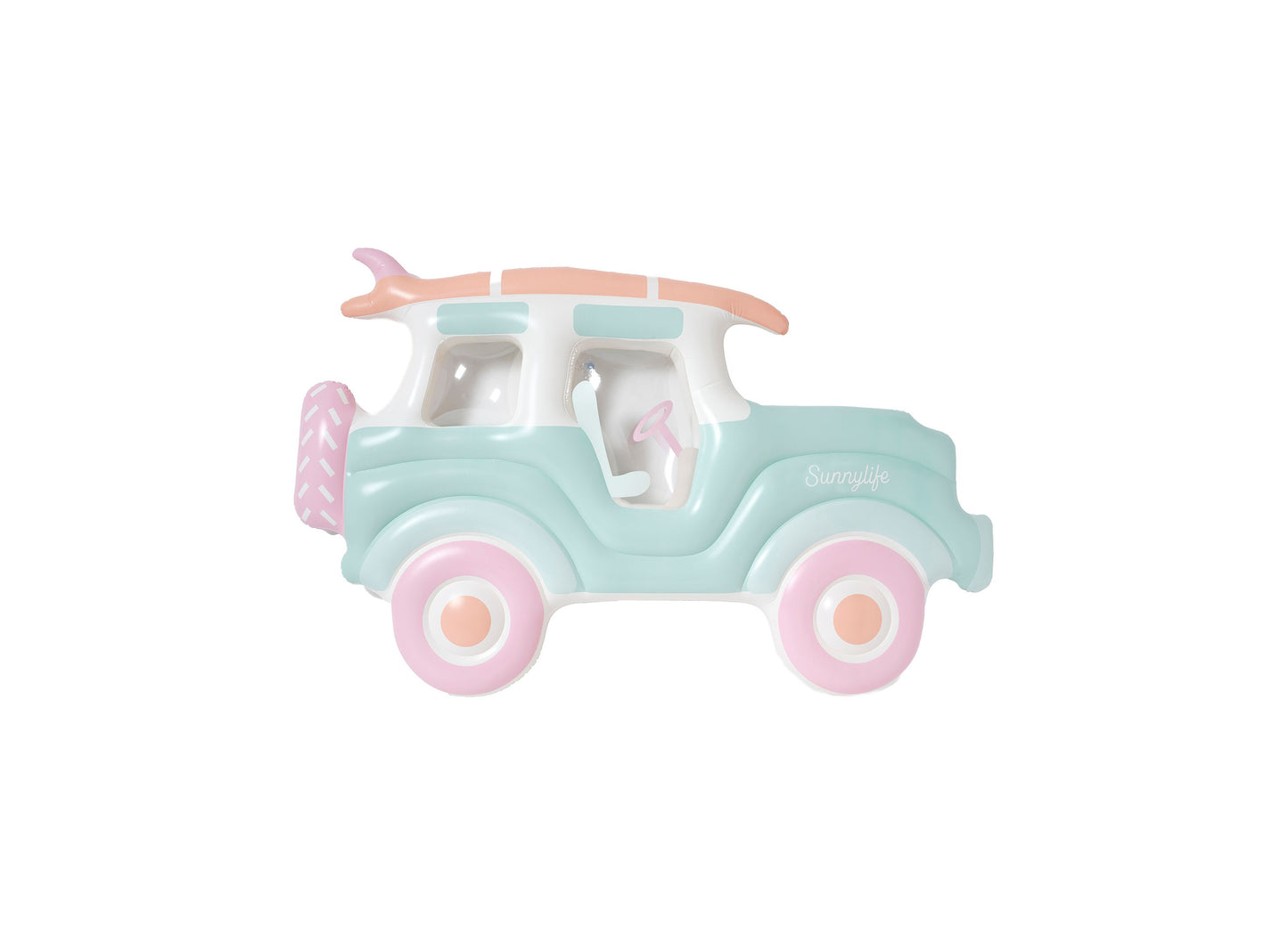 Mint-green and pink toy car with surfboard on roof, white interior details, pink wheels with peach centers