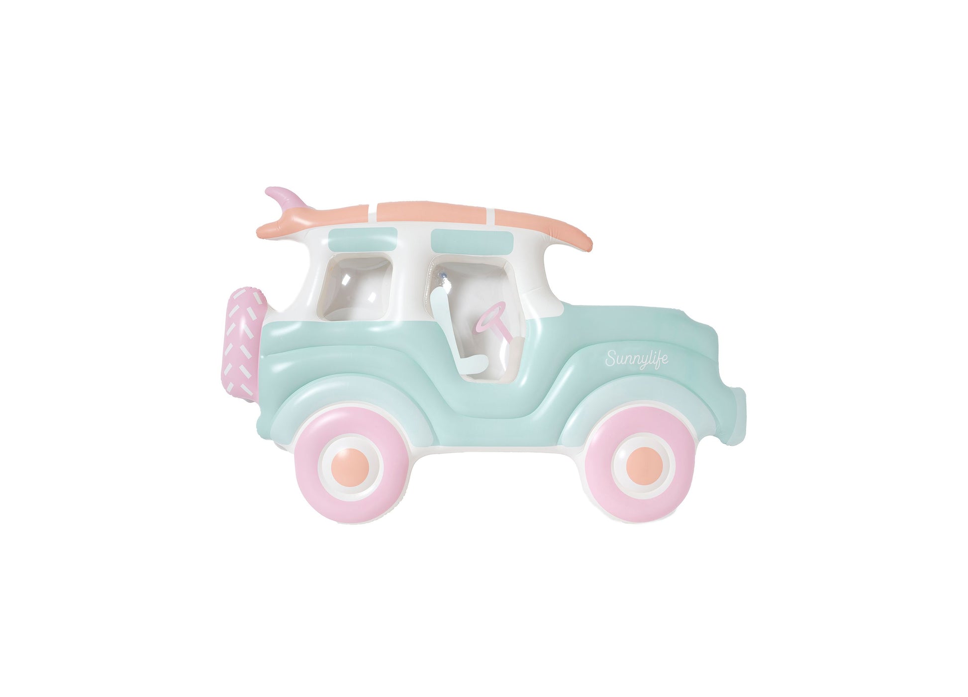 Mint-green and pink toy car with surfboard on roof, white interior details, pink wheels with peach centers