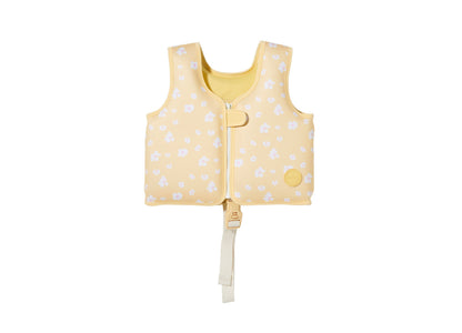 Sunnylife Kids Swim Vest for Ages 2-3 in yellow with white floral pattern, front zip closure and adjustable safety strap