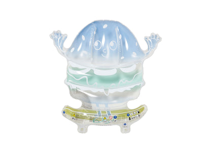 Translucent jellyfish-shaped pool float with blue dome top, green wavy middle band, white base, and raised tentacle-like arms on sides
