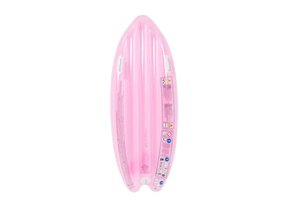 Pink inflatable surfboard float with white handles and instruction icons on back panel