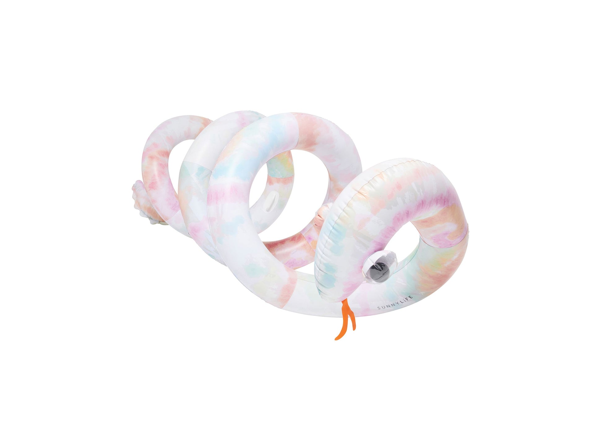 Sunnylife Giant Inflatable Noodle pool float in pastel rainbow tie-dye pattern with white sections and orange pull handle
