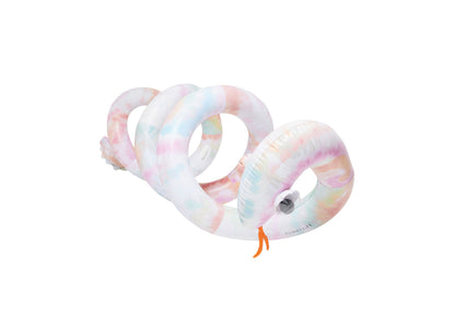 Sunnylife Giant Inflatable Noodle pool float in pastel rainbow tie-dye pattern with white sections and orange pull handle