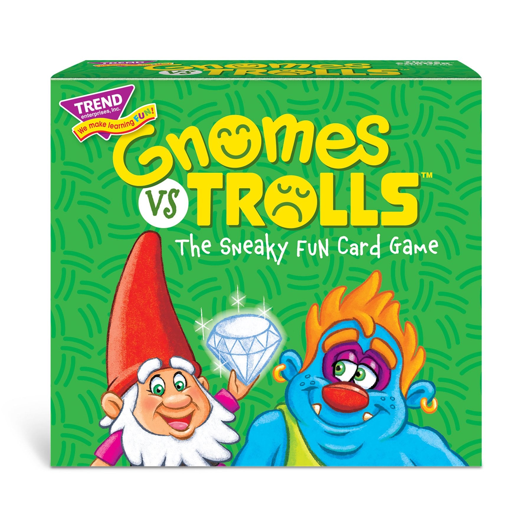 Gnomes vs Trolls card game box by Trend Enterprises featuring a red-capped gnome and blue troll character on green background